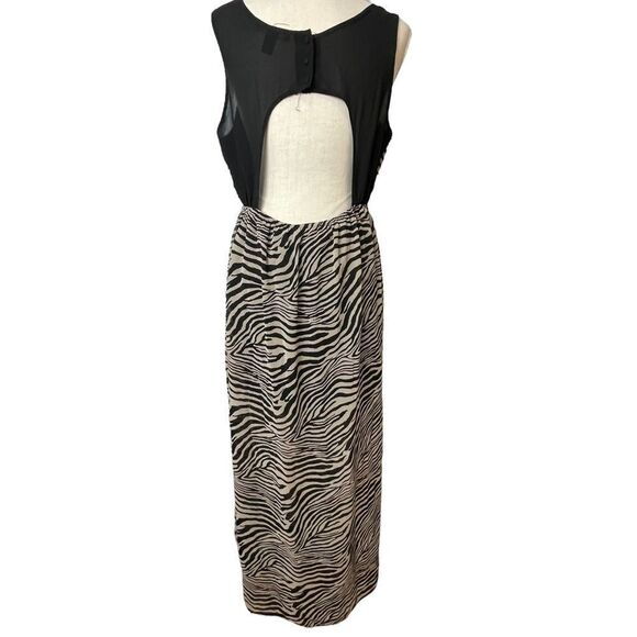Forever 21 Cream & Black zebra Animal Print Sleeveless Open Back Maxi Dress L - Picture 12 of 14